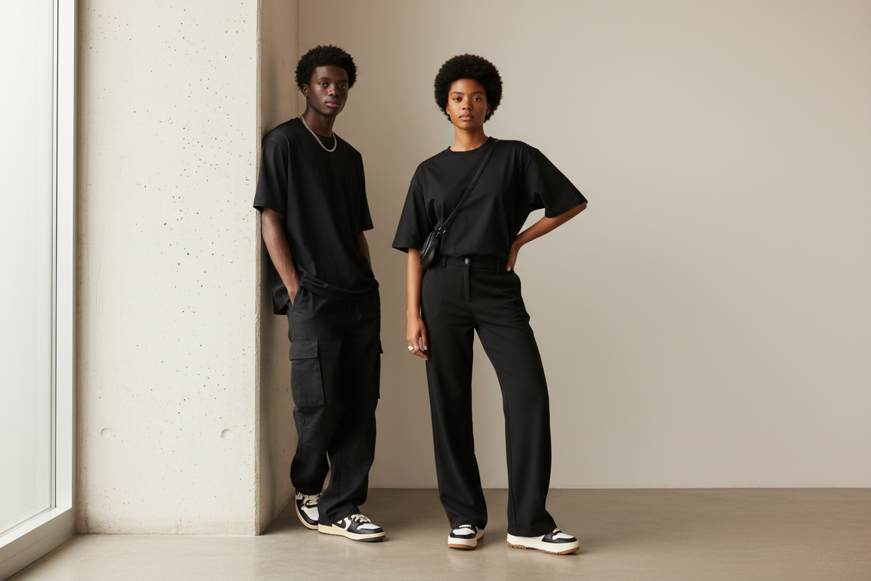 Young Black Man and Woman in Black Oversized Box Tees