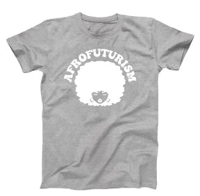 Gray T-shirt with white graphic, Afrofuturism text and a soul sister with an afro