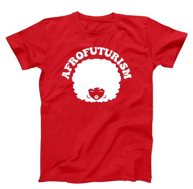Red T-shirt with white graphic, Afrofuturism text and a soul sister with an afro