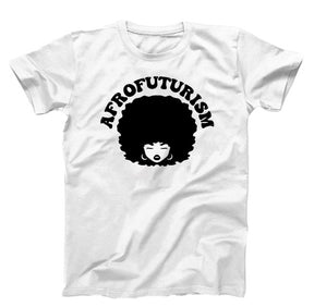 White T-shirt with Black graphic, Afrofuturism  text and a soul sister with an afro