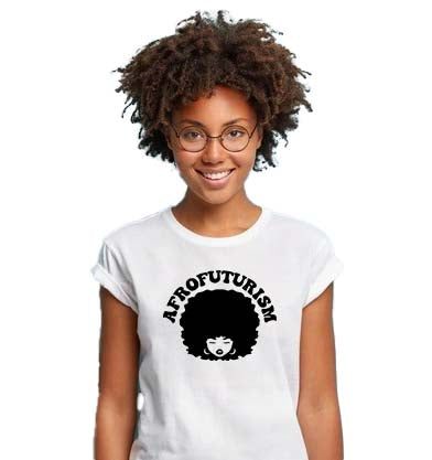 White T-shirt with Black graphic, Afrofuturism text and a soul sister with an afro