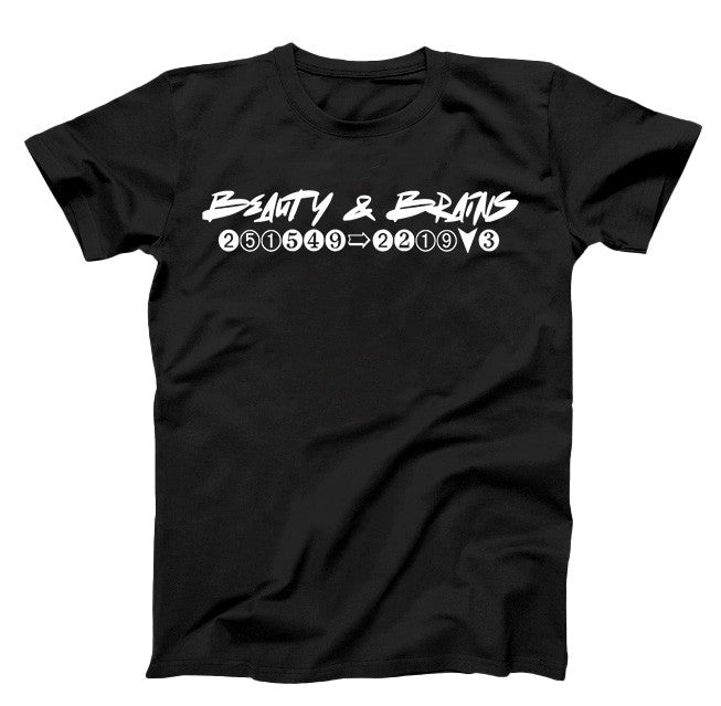 Black T-Shirt, white graphic with beauty and brains Text and numbers 251549-22193 