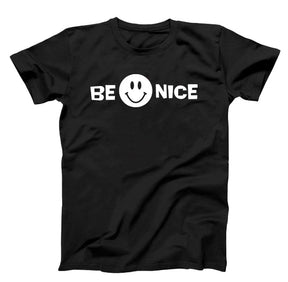 Black T-shirt with white graphics, be nice and a smiley face.
