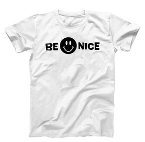 White T-shirt with  black graphics, be nice and a smiley face.