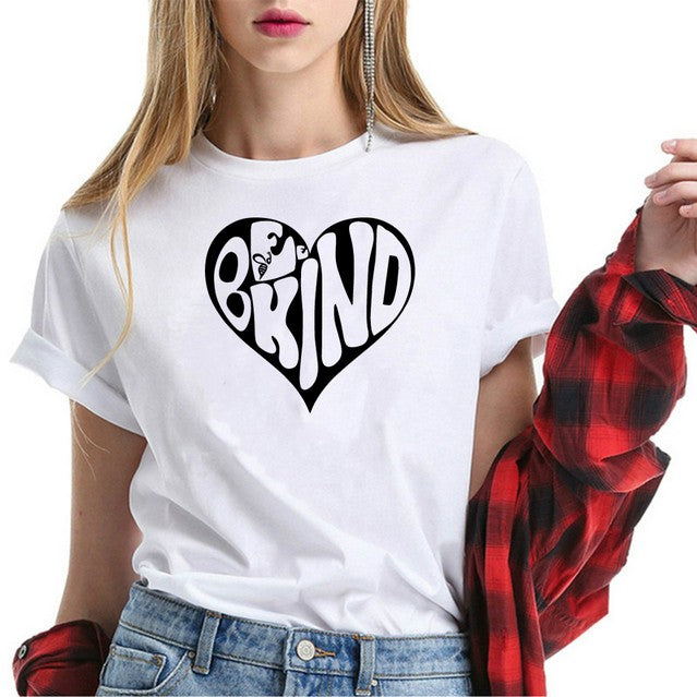 White T-shirt, black graphic with a heart and text be kind