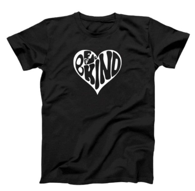 Black T-shirt, white graphic with a heart and text be kind