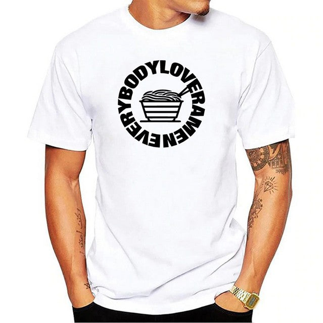 White T-Shirt, black graphic , circle text EveryBody Love Ramen and a bowl of ramen and chopsticks in middle of text