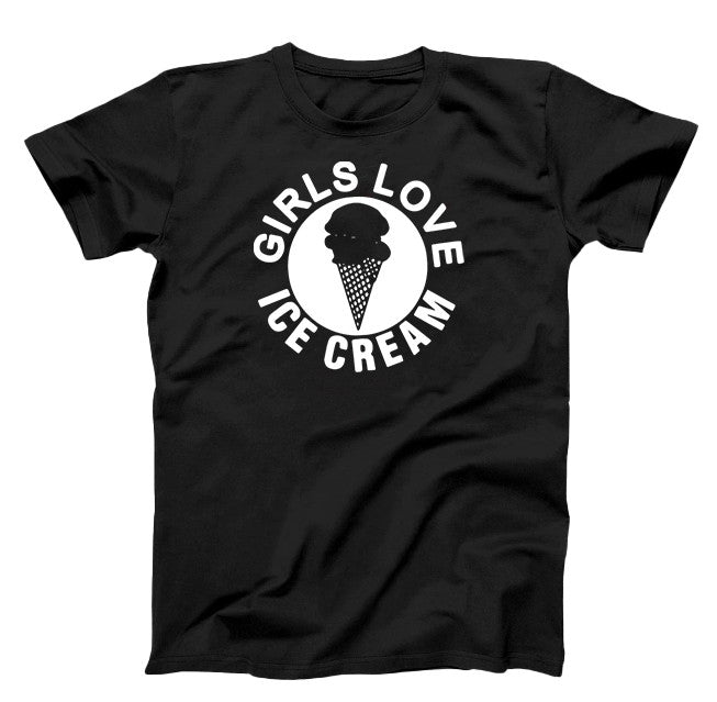 Black T-Shirt, white graphic , with circle text Girl love ice cream with a waffle ice cream cone in the middle