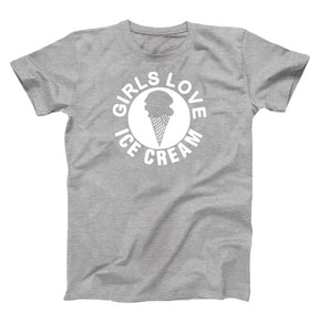 Gray T-Shirt, white graphic , with circle text Girl love ice cream with a waffle ice cream cone in the middle