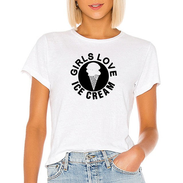 White T-Shirt, Black graphic , with circle text Girl love ice cream with a waffle ice cream cone in the middle on model 