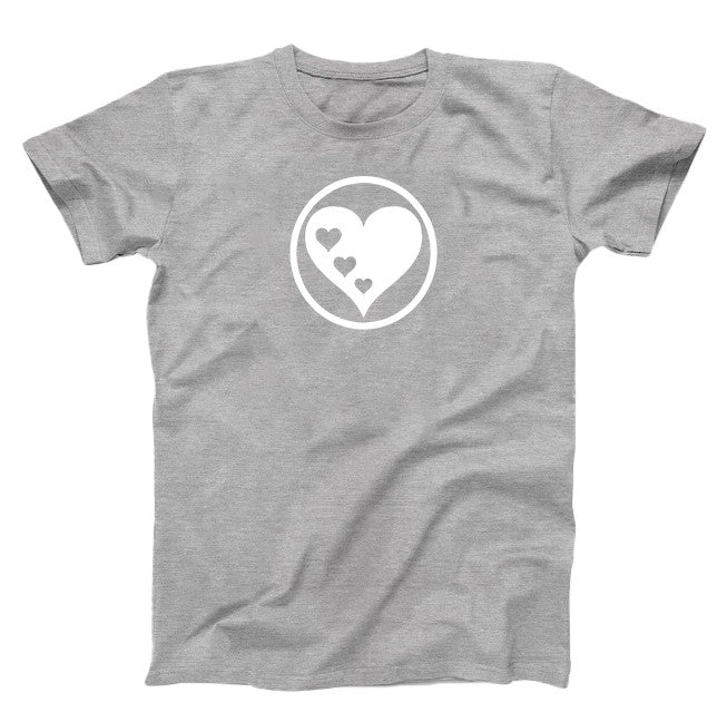 Gray T-shirt, white graphic, with a circle Heart and three little hearts in side of the big heart