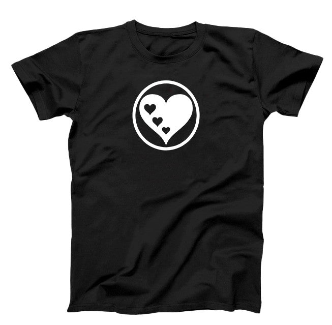 Black T-shirt, white graphic, with a circle Heart and three little hearts in side of the big heart