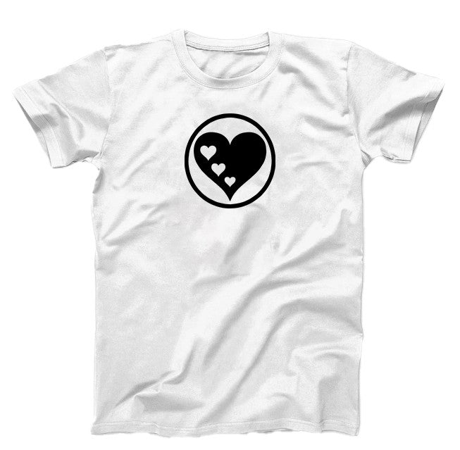 White T-shirt, black graphic, with a circle Heart and three little hearts in side of the big heart