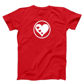 Red T-shirt, white graphic, with a circle Heart and three little hearts in side of the big heart