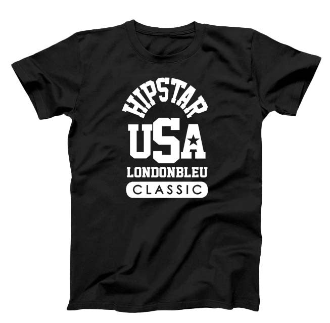 Black T-Shirt, white graphic, with text Hipstar USA Londonbleu classic 