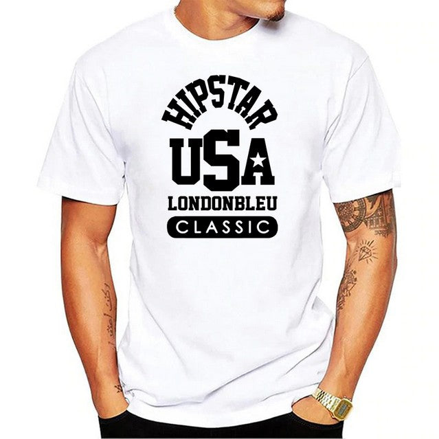 White T-Shirt, black graphic, with text Hipstar USA Londonbleu classic 