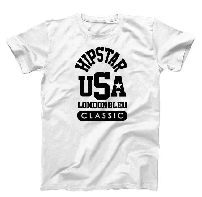 White T-Shirt, black graphic, with text Hipstar USA Londonbleu classic