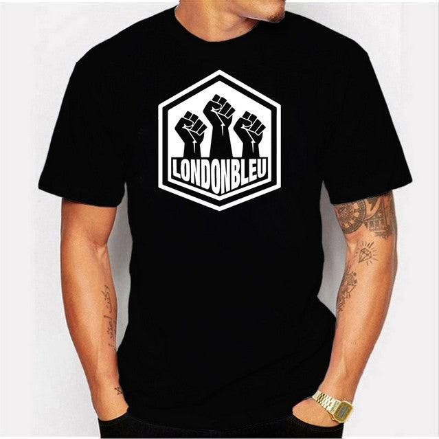 Mens black T-Shirt, white graphic Octagon with three black power fist and text londonbleu