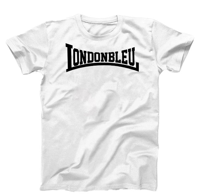 White T-Shirt, black graphic large text londonbleu long logo