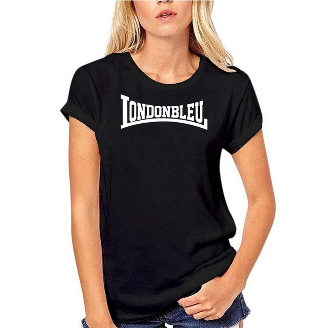 Womens Unisex Black T-Shirt, white graphic large text londonbleu long  logo