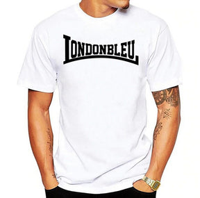 Mens Unisex White T-Shirt, black graphic large text londonbleu long logo