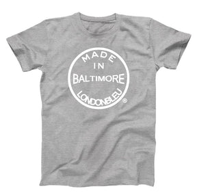 Gray T-Shirt, black graphic text made in baltimore londonbleu logo