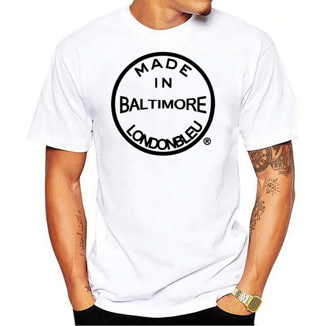 Mens Unisex White T-Shirt, black graphic text made in baltimore londonbleu logo