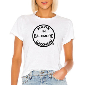 Womens Unisex White T-Shirt, black graphic text made in baltimore londonbleu logo
