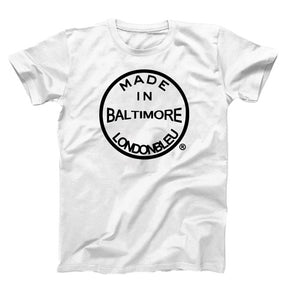 White T-Shirt, black graphic text made in baltimore londonbleu logo