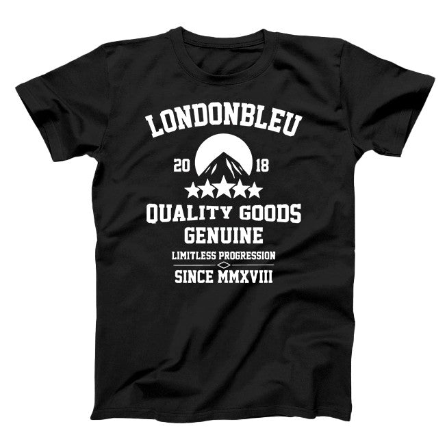 Black T-Shirt, white graphic text Londonbleu 2018 quality goods genuine limitless progression  since MMXVIII