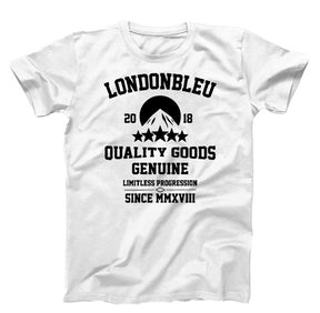 White T-Shirt, black graphic text Londonbleu 2018 quality goods genuine limitless progression since MMXVIII