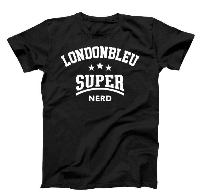 Black T-Shirt, white graphic text Londonbleu Super Nerd and three stars