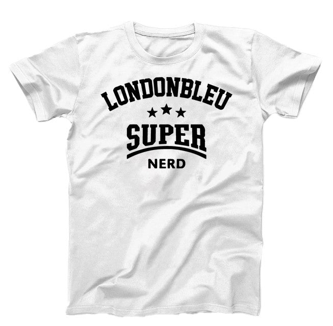 White T-Shirt, black graphic text Londonbleu Super Nerd and three stars
