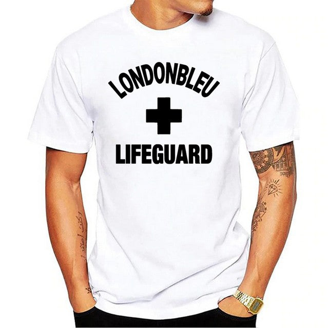 White T-Shirt , black graphic text londonbleu, lifeguard and cross