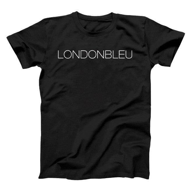 Black T-Shirt, white graphic thin text londonbleu logo