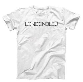 White T-Shirt, black graphic thin text londonbleu logo