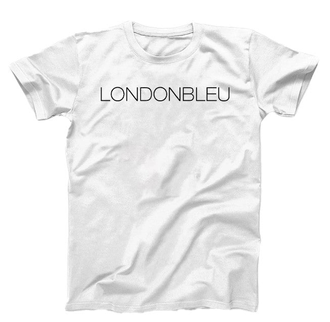 White T-Shirt, black graphic thin text londonbleu logo