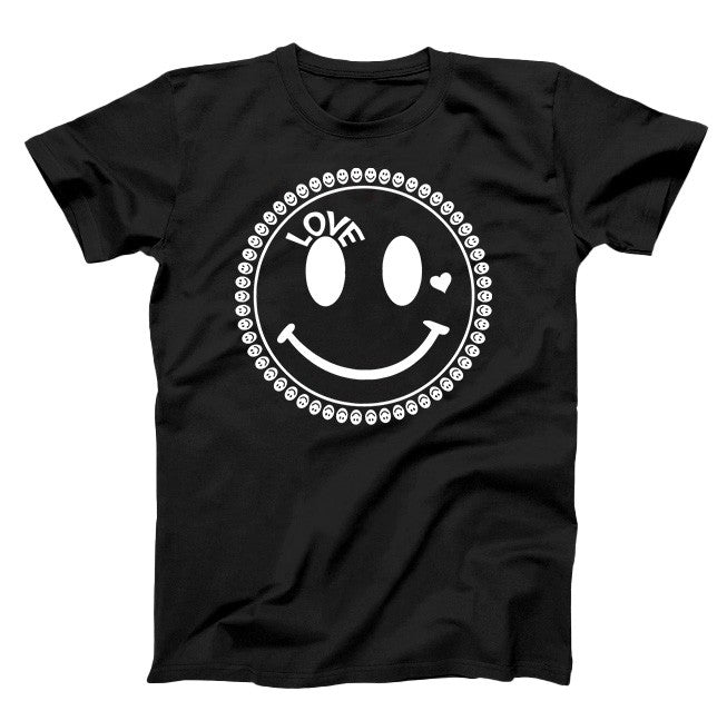 Black T-Shirt, white graphic, with text love and heart on a Big smiley Face