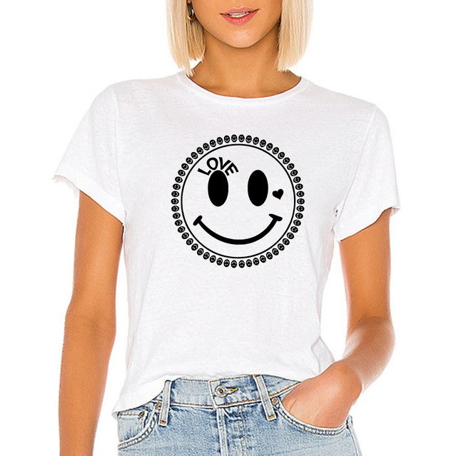 White T-Shirt, black graphic, with text love and  heart on a Big smiley Face