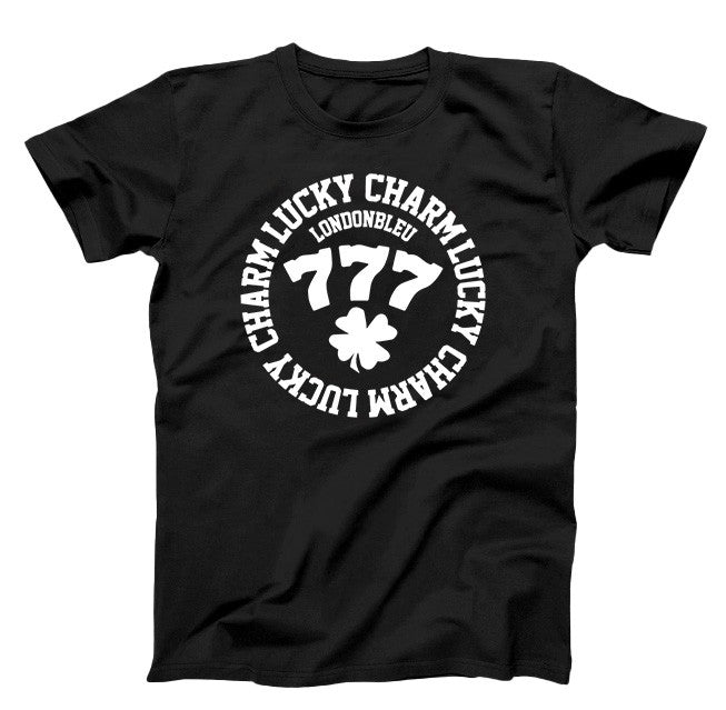 Black T-Shirt, white graphic, with text circle lucky charm, londonble, 777 and a four leaf clover clover