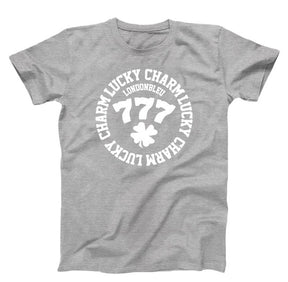 Gray T-Shirt, white graphic, with text circle lucky charm, londonble, 777 and a four leaf clover clover