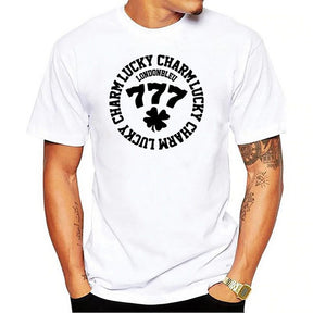 Mens Unisex white T-Shirt, white graphic, with text circle lucky charm, londonble, 777 and a four leaf clover clover