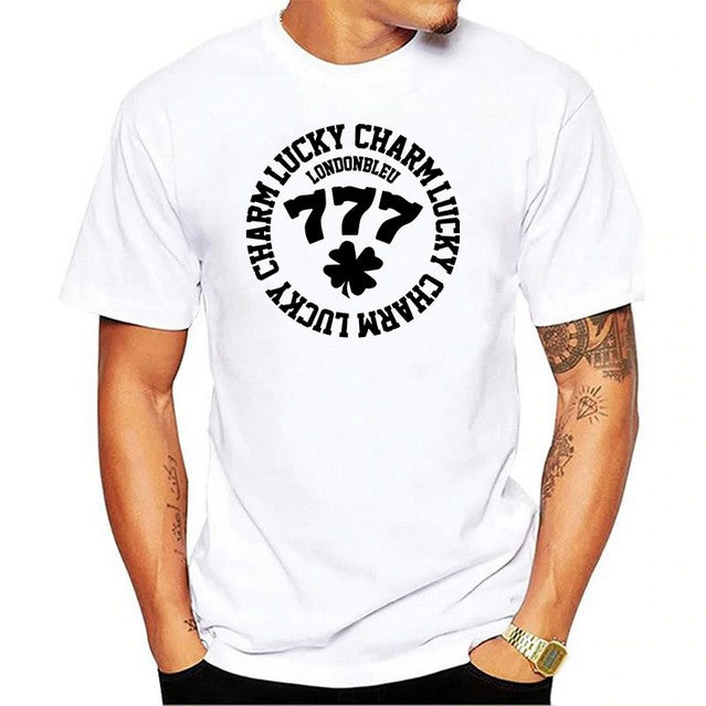 Mens Unisex white T-Shirt, white graphic, with text circle lucky charm, londonble, 777 and a four leaf clover clover