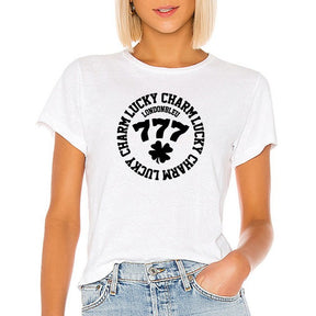 Womens Unisex white T-Shirt, white graphic, with text circle lucky charm, londonble, 777 and a four leaf clover clover