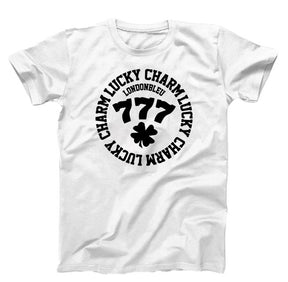White T-Shirt, white graphic, with text circle lucky charm, londonble, 777 and a four leaf clover clover