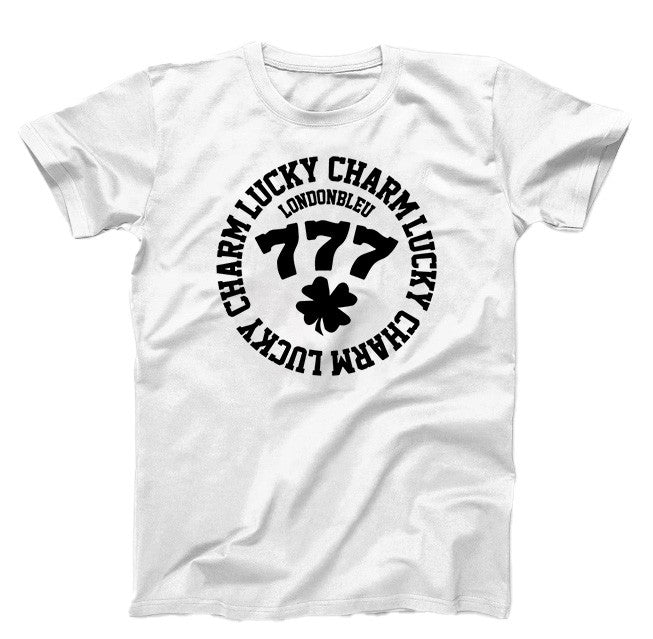 White T-Shirt, white graphic, with text circle lucky charm, londonble, 777 and a four leaf clover clover