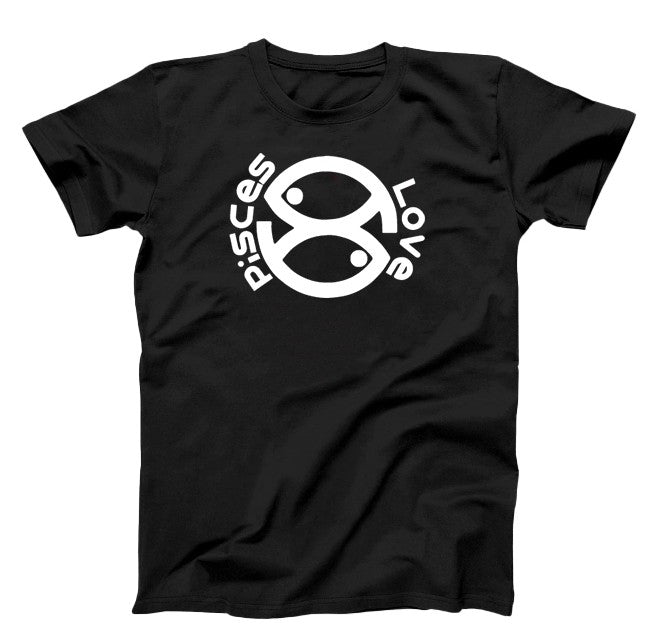 Black T-Shirt, white graphic text pisces love and two fish symbol
