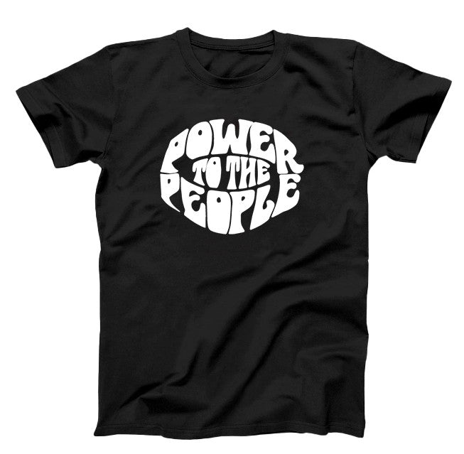 Black T-Shirt, white graphic Text power to the people, in a oval shape and 70's retro letters