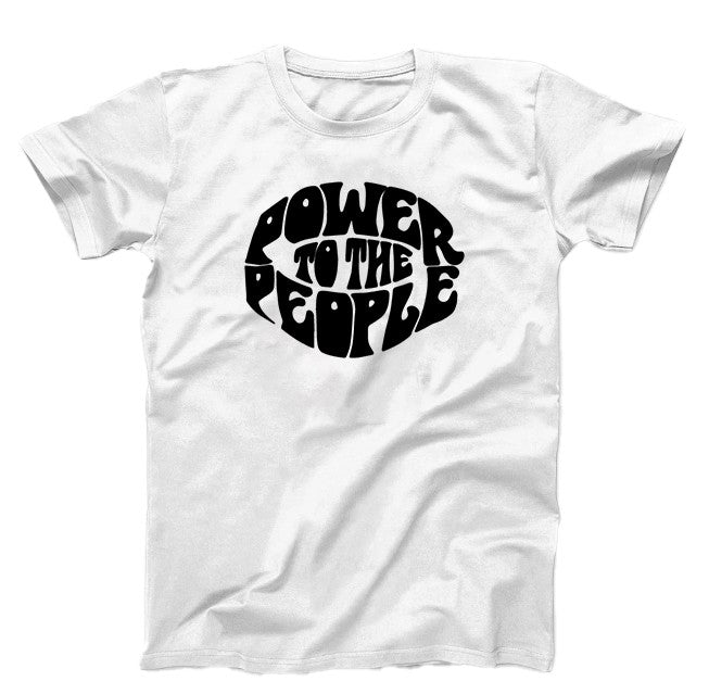 White T-Shirt, black graphic Text power to the people, in a oval shape and 70's retro letters