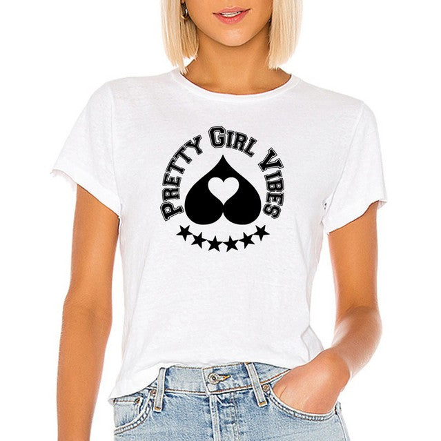 Womens white T-Shirt, black graphic text pretty girl vibes circle with six stars and a big up side down heart and a small heart in the middle